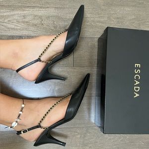 Black leather gold hardware Escada heels